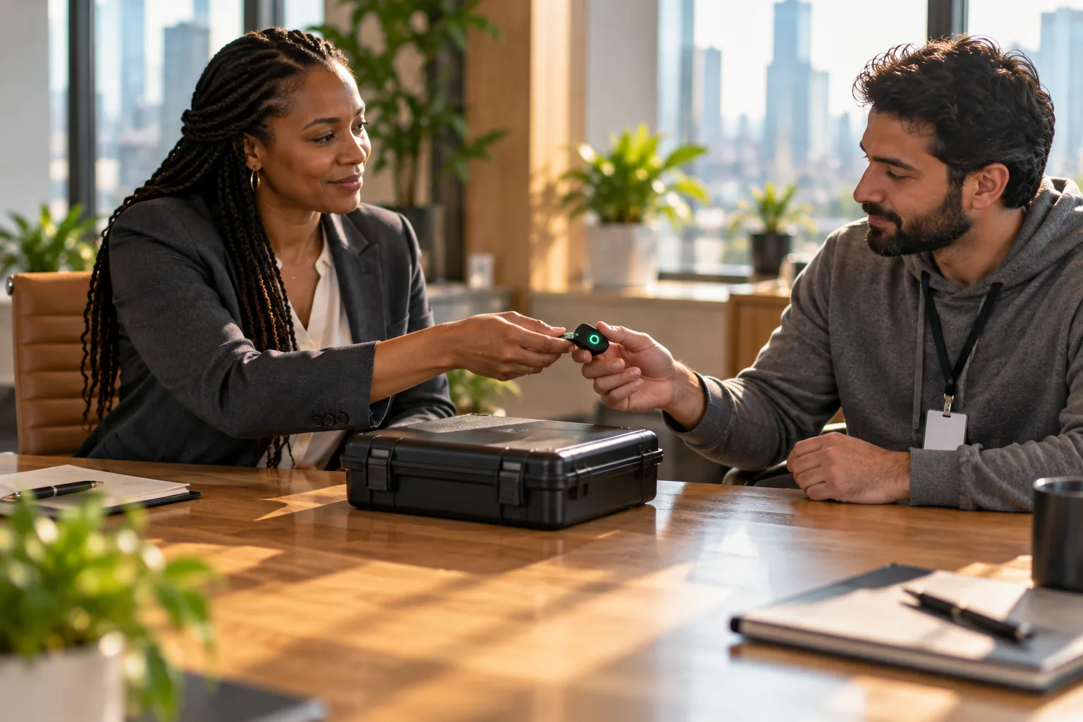 A team lead hands a small key fob with a green light to a visiting contractor across a sunlit table, with a closed black case between them.