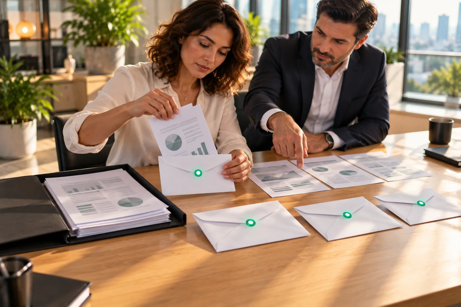 A finance manager sorts printed pages into sealed envelopes, each with a small green light, while a colleague points at another page.