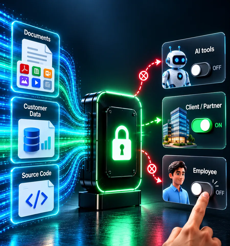 Documents, customer data and source code pass through a lock. Switches beside it show access on for a client or partner and off for AI tools and an employee.