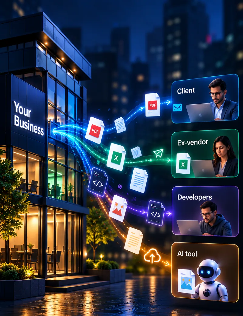 A business sends documents, spreadsheets, code and images to a client, an ex-vendor, developers and an AI tool.